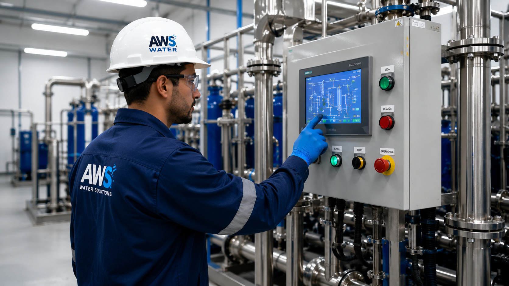 Engenheiro operando sistema de tratamento de água